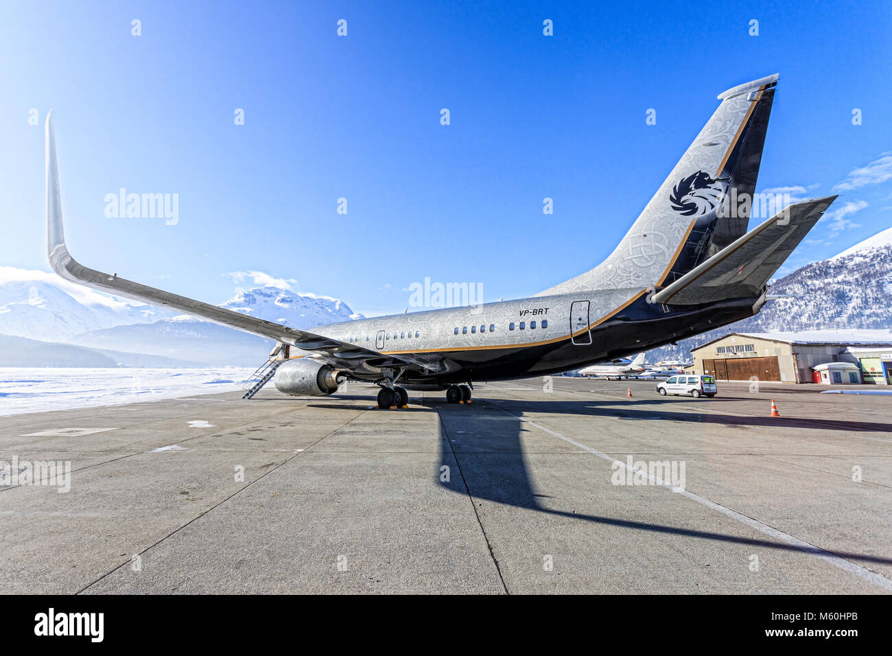 Russian standart Vodka 737 far away from his homebase Moscow at Engadin Airport in Samedan/Switzerland 03.01.2016 Stock Photo