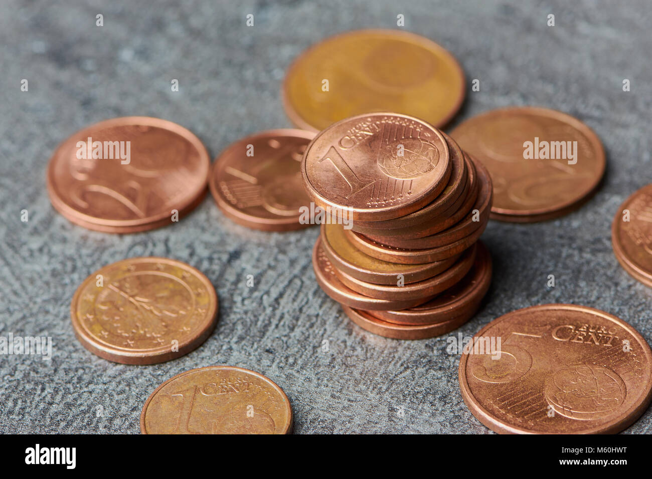 one and two cents tower, Euro cent coins Stock Photo
