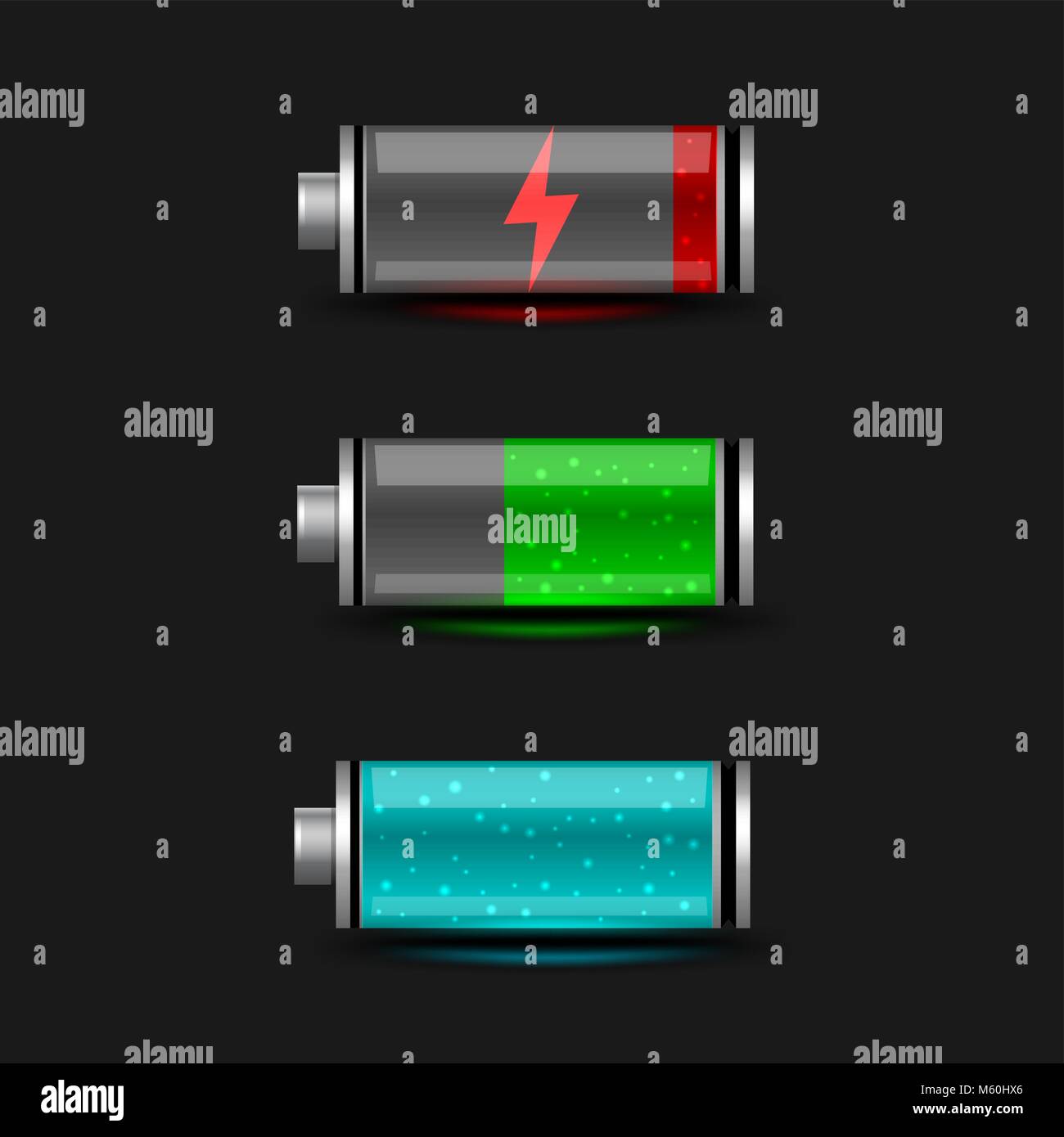 Battery accumulator electricity charger icon set on black background