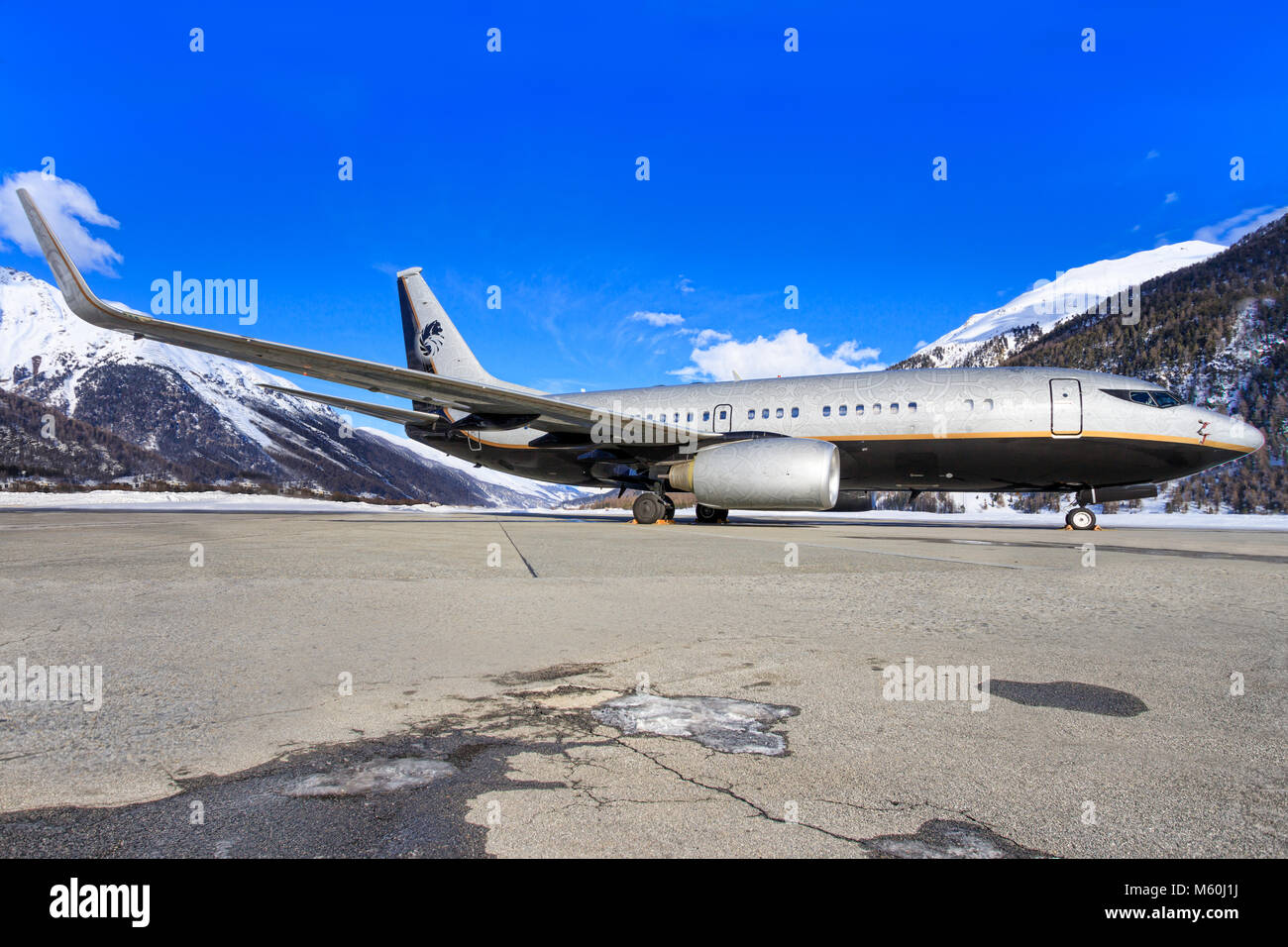 Russian standart Vodka 737 far away from his homebase Moscow at Engadin Airport in Samedan/Switzerland 03.01.2016 Stock Photo