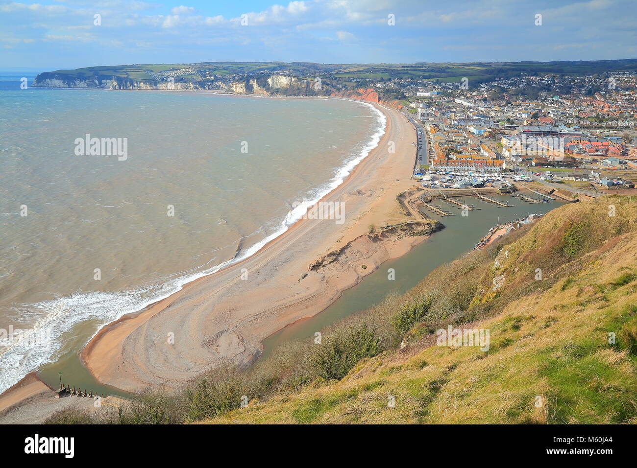 Panoramic view of Seaton town in East Devon on the Jurassic Coast seen