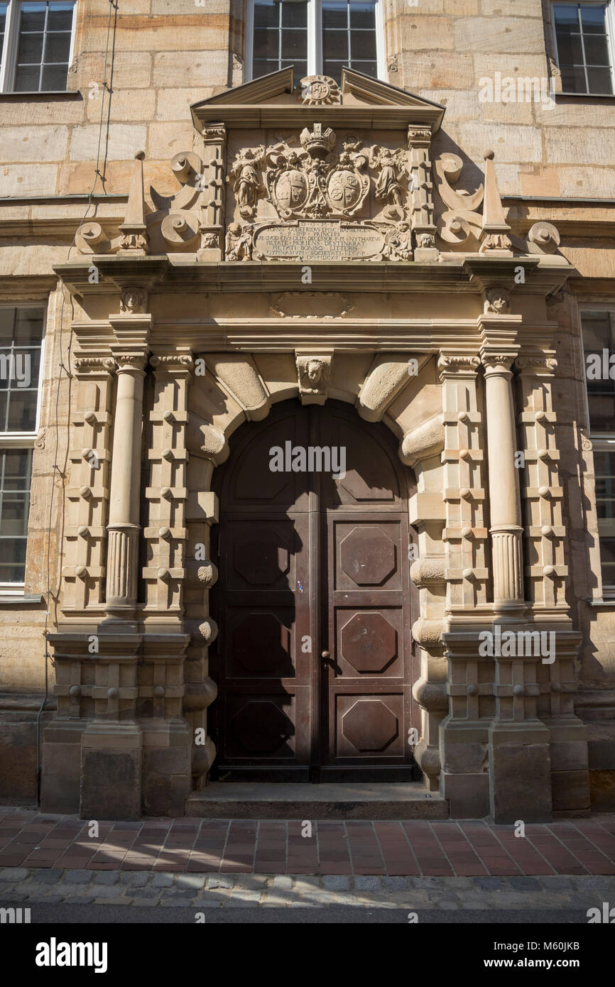 Altes Gymnasium Jesuit High School Renaissance doorway (1613), Bamberg, Germany Stock Photo