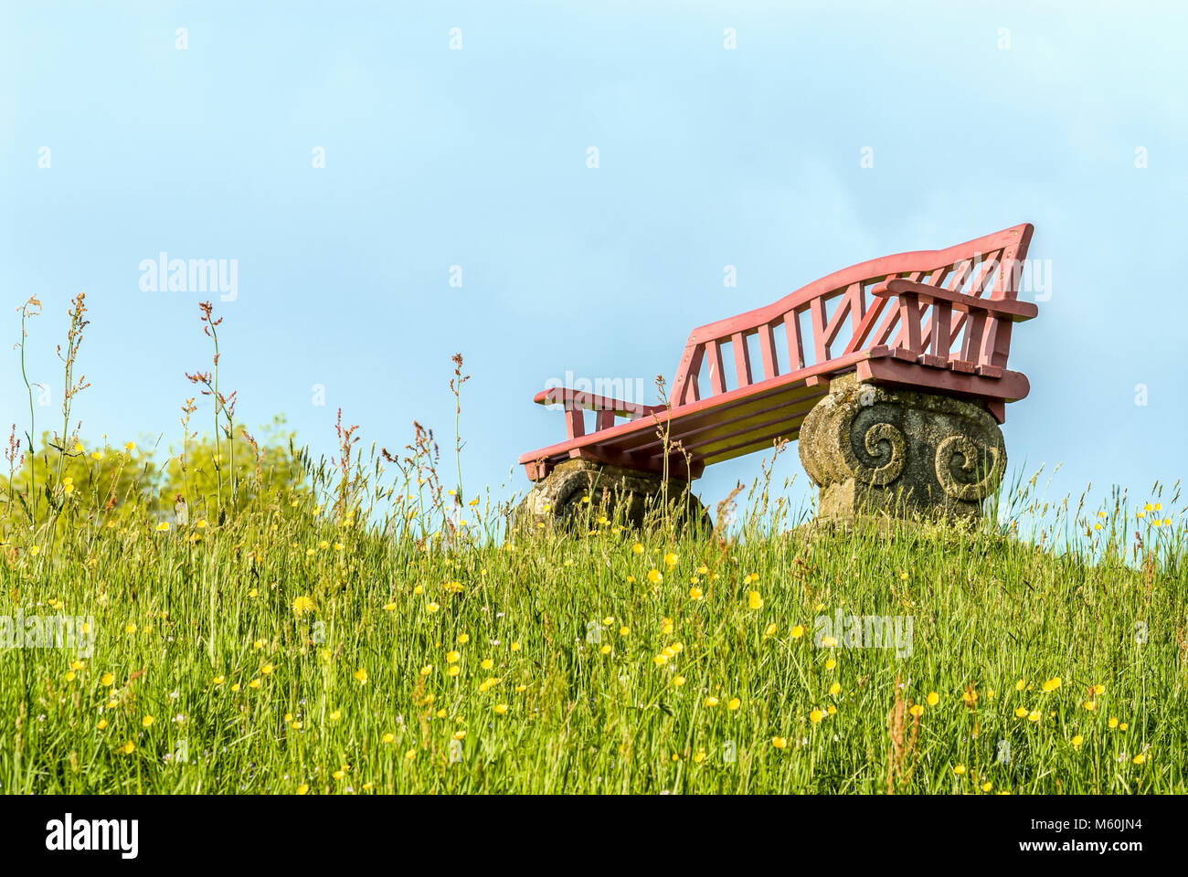 Lone and empty bench on a green Spring Lawn Hill with Flowers, Switzerland Stock Photo