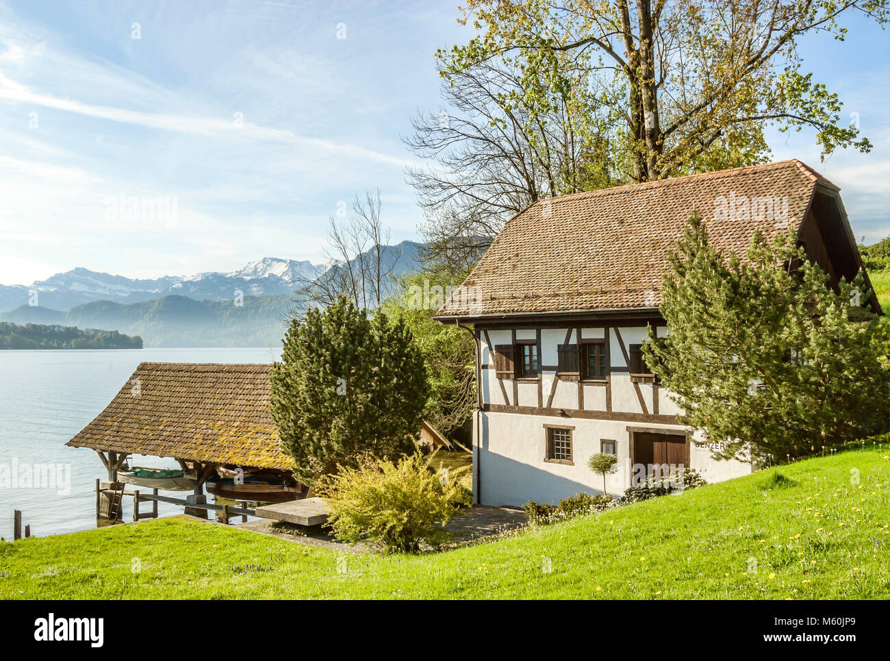 Weggis Marina And Lake Lucerne Near Lucerne In Switzerland Stock