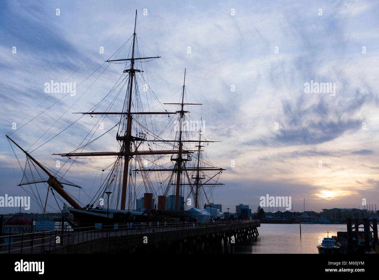 HMS Warrior, at sunset in winter. Portsmouth Historic Dockyard / Historical Dockyards. UK. (95) Stock Photo