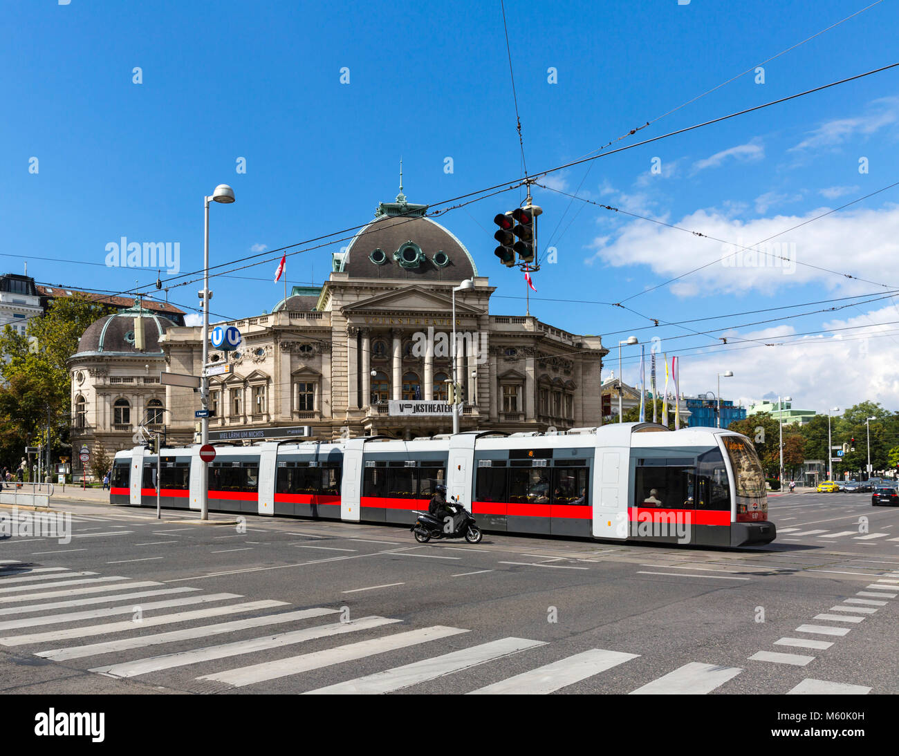 Tram passing by the Volkstheater building, Ringstrasse, Vienna, Austria. Stock Photo