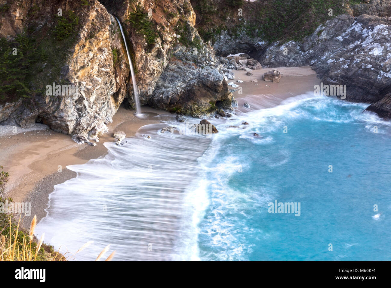 McWay Falls Scenic Waterfall Landscape Aerial Beach View on Big Sur Coast in Central California, Julia Pfeiffer Burns State Park Stock Photo
