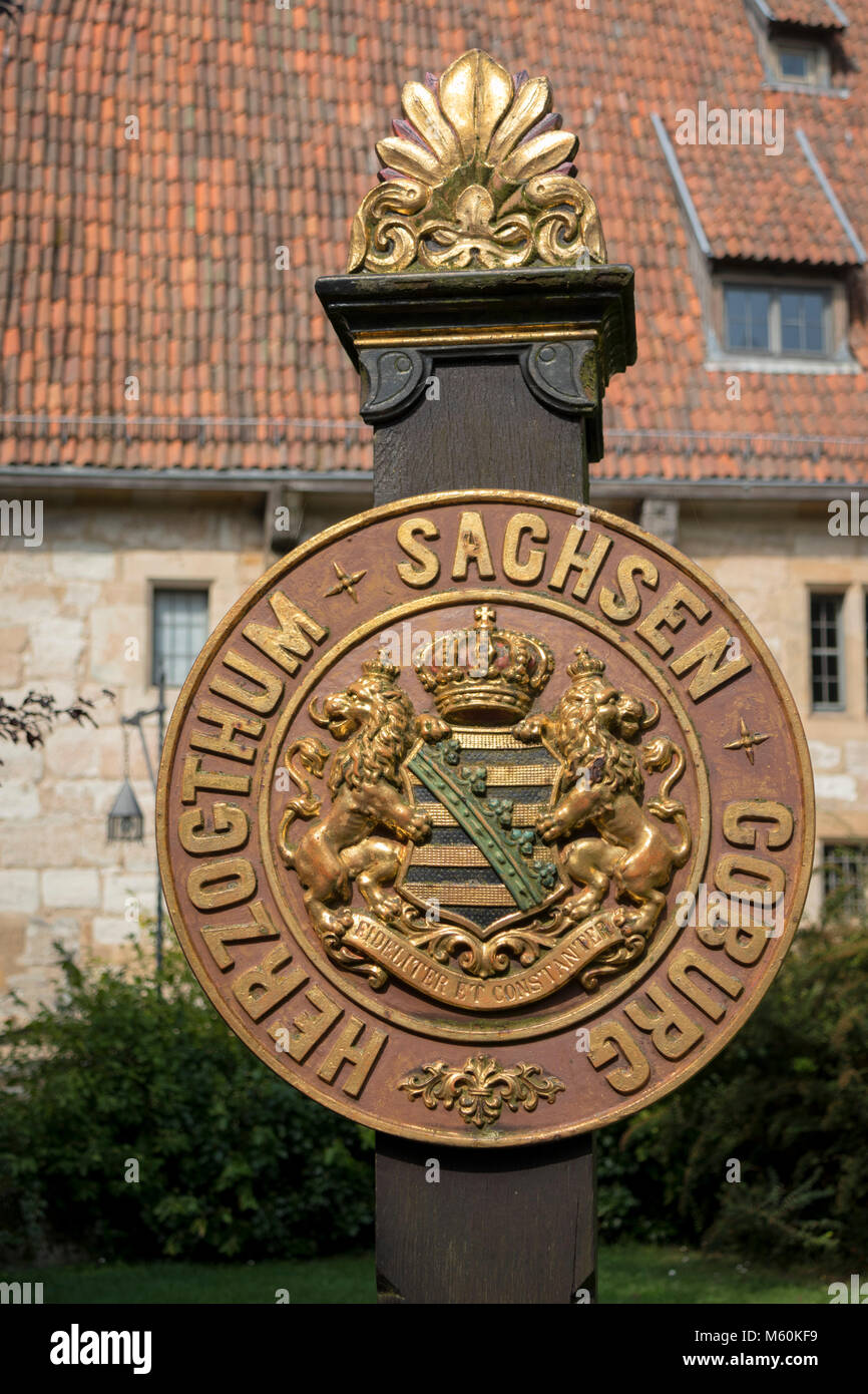 Sign for Herzogtum Sachsen-Coburg, The Veste Coburg, or Coburg Fortress, Upper Franconia, Bavaria, Germany Stock Photo