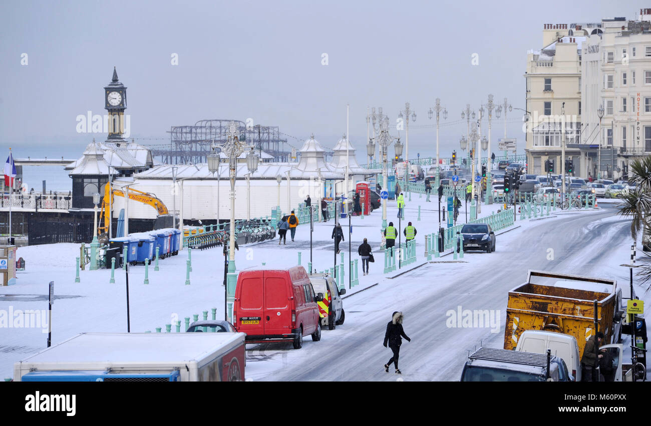Brighton, UK. 27th Feb, 2018. UK Weather: Snow on Brighton seafront today as the 'Beast of the East' snow storms spread across Britain today with more snow and freezing weather forecast for the rest of the week Photograph taken by Simon Dack Credit: Simon Dack/Alamy Live News Stock Photo