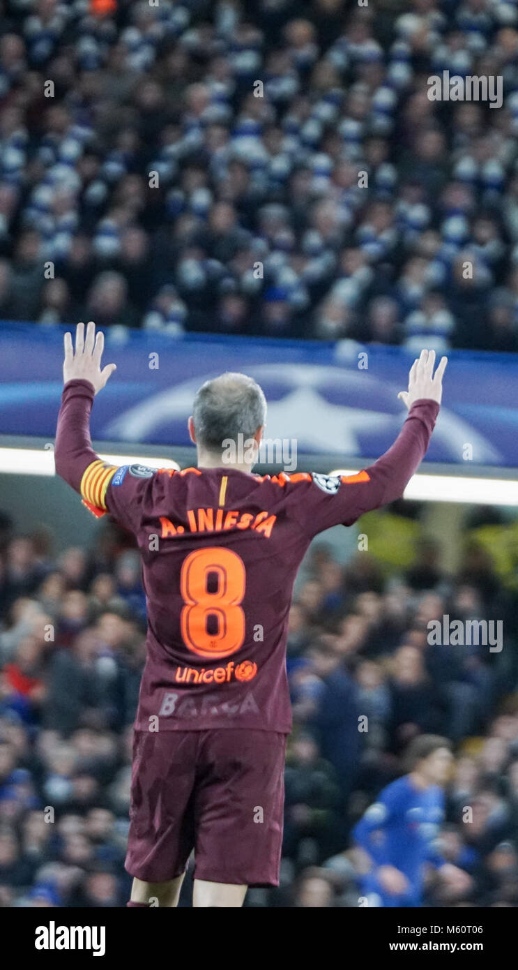 February 20, 2018 - London, United Kingdom - Andres Iniesta of FC Barcelona  during the UEFA Champions League Round of 16 First Leg match between Chelsea FC and FC Barcelona at Stamford Bridge. (Credit Image: © DSC02276.jpg/SOPA Images via ZUMA Wire) Stock Photo