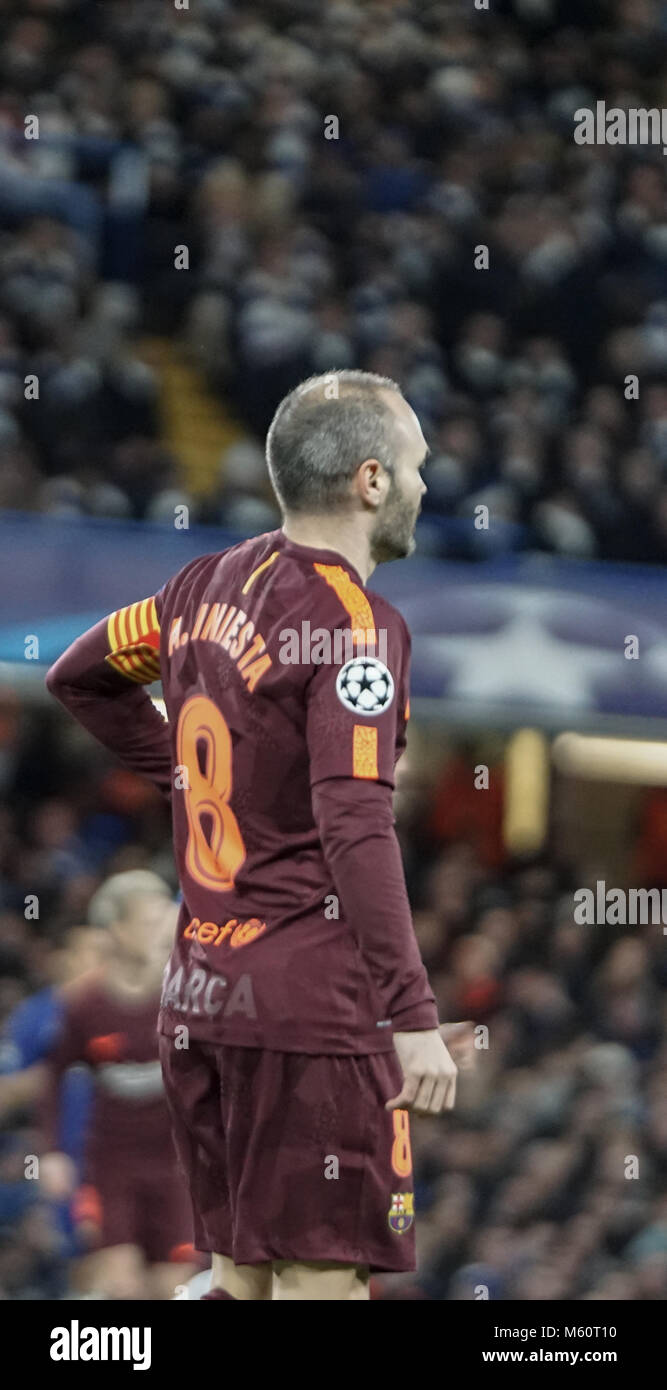 February 20, 2018 - London, United Kingdom - Andres Iniesta of FC Barcelona  during the UEFA Champions League Round of 16 First Leg match between Chelsea FC and FC Barcelona at Stamford Bridge. (Credit Image: © DSC01700.jpg/SOPA Images via ZUMA Wire) Stock Photo