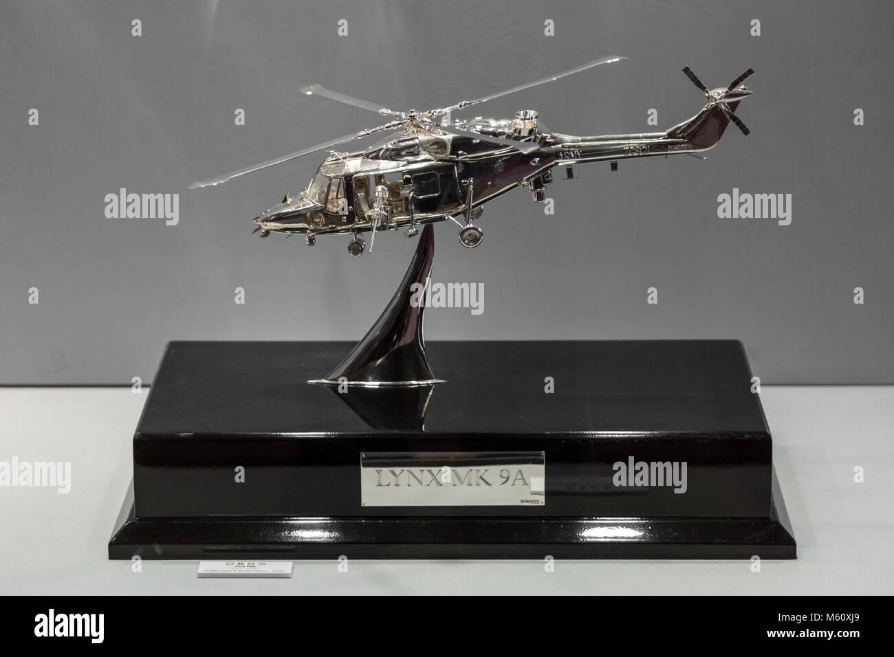 London, UK. 27th Feb, 2018. Goldsmiths' Craftmanship & Design Council Awards Exhibition. Silver Lynx 9A Helicopter by Paul Ellis. Silver award senior. Credit: Guy Corbishley/Alamy Live News Stock Photo