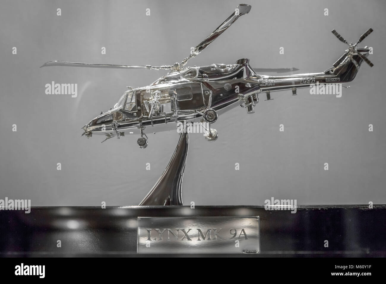 London, UK. 27th Feb, 2018. Goldsmiths' Craftmanship & Design Council Awards Exhibition. Silver Lynx 9A Helicopter by Paul Ellis. Silver award senior. Credit: Guy Corbishley/Alamy Live News Stock Photo