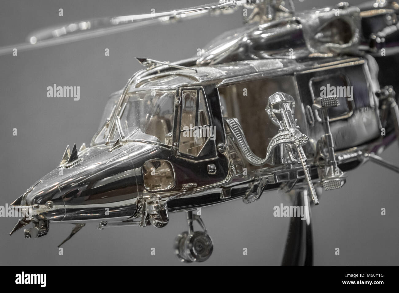 London, UK. 27th Feb, 2018. Goldsmiths' Craftmanship & Design Council Awards Exhibition. Silver Lynx 9A Helicopter by Paul Ellis. Silver award senior. Credit: Guy Corbishley/Alamy Live News Stock Photo