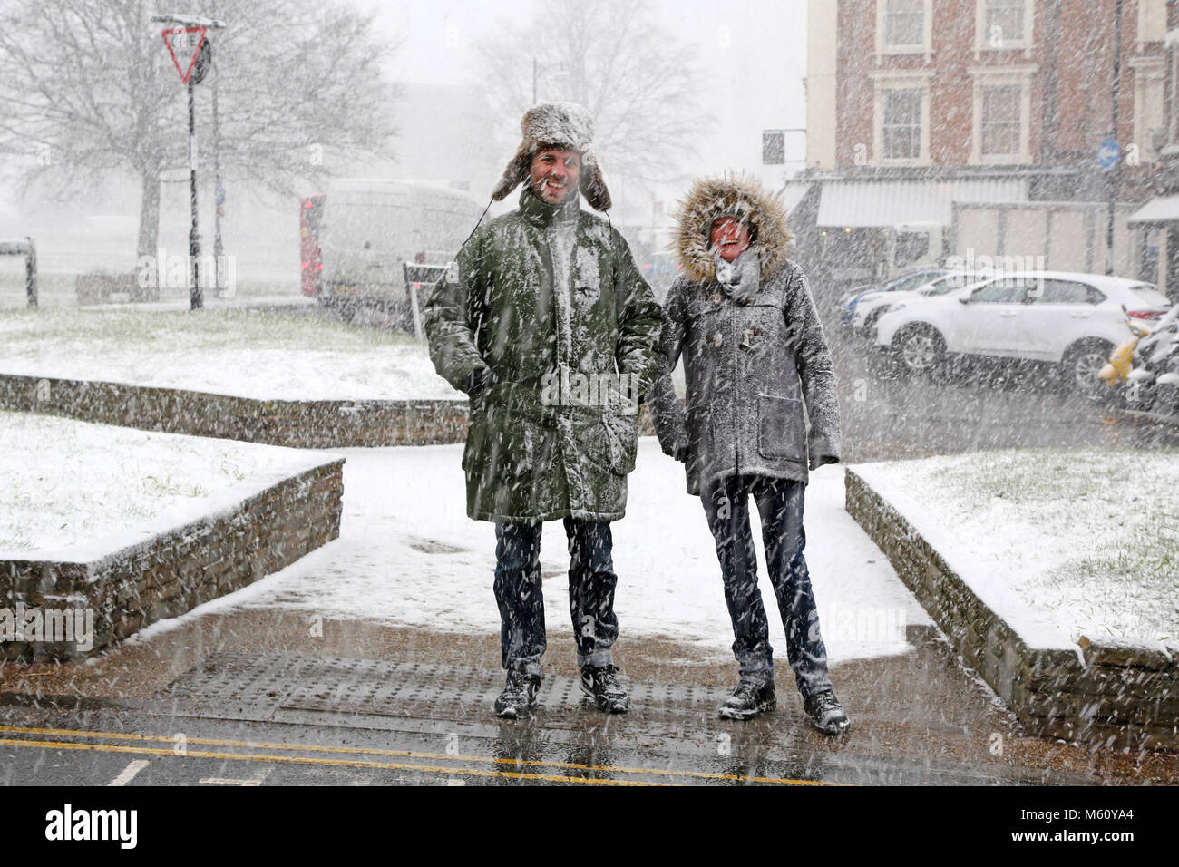 London, UK. 27th February 2018. David and Christine were well prepared and dressed for the cold during snowy weather conditions in Blackheath, London Credit: Paul Brown/Alamy Live News Stock Photo