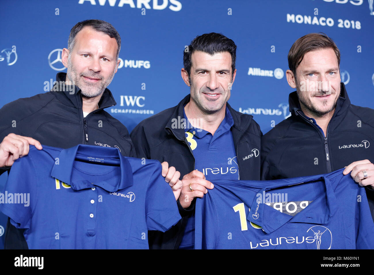 Monaco. 27th Feb, 2018. Monaco, Luis Figo of Portugal and Francesco Totti  of Italy (from L to R) attend a press conference prior to the Laureus World  Sports Awards in Former Football