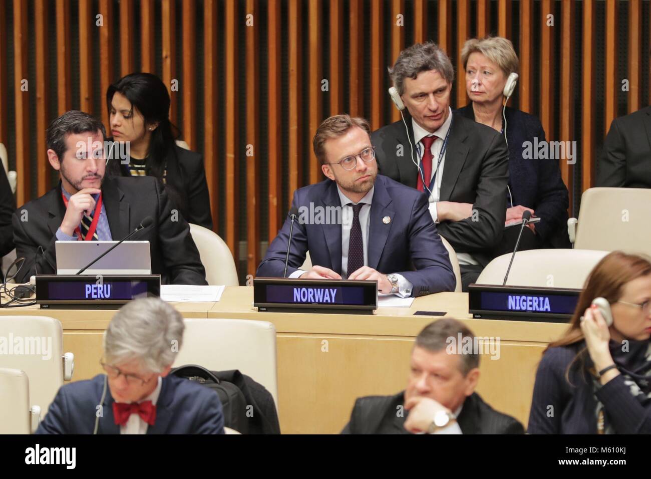 United Nations, New York, USA, February 27 2018 - Nikolai Astrup, Norwegian Development Minister During the Economic and Social Council Operational Activities for Development and Repositioning the United Nations Development System to Best Deliver for People and Planet today at the UN Headquarters in New York. Photo: Luiz Rampelotto/EuropaNewswire *** Local Caption *** 00006118 | usage worldwide Stock Photo