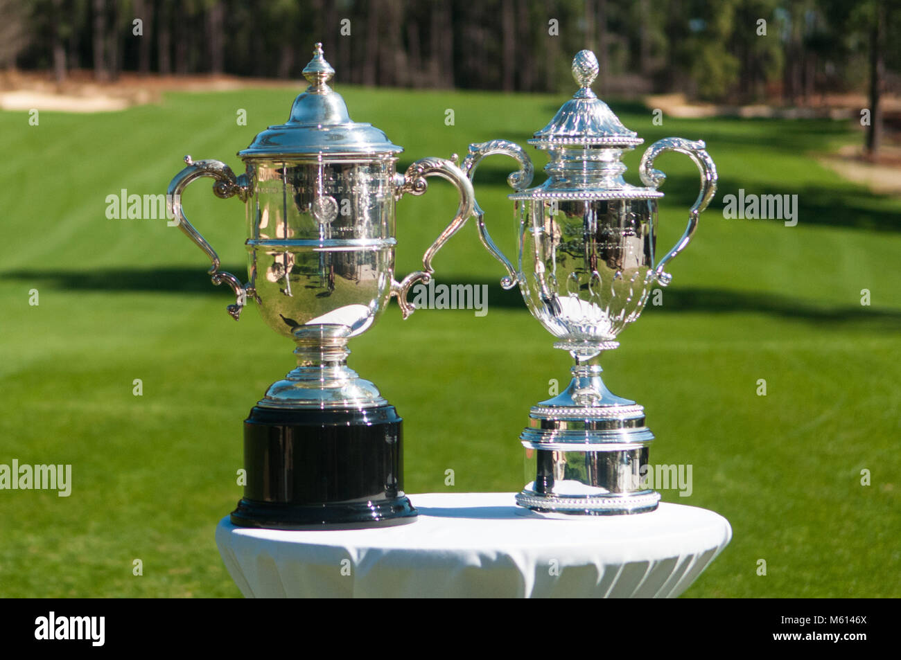 Southern Pines, North Carolina, USA. 27th Feb, 2018. Feb. 27, 2018 - SOUTHERN PINES, N.C., USA - The trophies for the 2022 U.S. Women's Open and the 2019 2nd U.S. Senior Women's Open Championship were on display during a media availability at Pine Needles Lodge & Golf Club. The 2019 U.S. Senior Women's Open Championship will be held May 16-19, 2019. It was also announced that Pine Needles will also host the 2022 U.S. Women's Open, June 2-5. The 2019 event will mark the club's sixth USGA championship, the fourth U.S. Women's Open, and the first since the 2007 U.S. Women's Open won by Cris Stock Photo