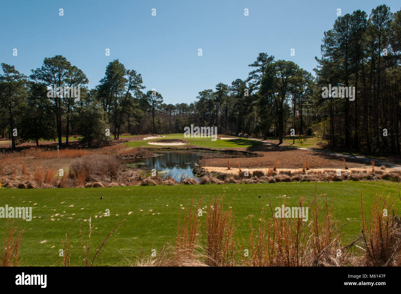 Southern Pines, North Carolina, USA. 27th Feb, 2018. Feb. 27, 2018 - SOUTHERN PINES, N.C., USA - The view from the 3rd tee of the Kyle Franz restored Donald Ross course at Pine Needles Lodge & Golf Club, site of the 2nd U.S. Senior Women's Open Championship, May 16-19, 2019 and the U.S. Women's Open, June 2-5, 2022 at Pine Needles Lodge & Golf Club. The 2019 event will mark the club's sixth USGA championship, the fourth U.S. Women's Open, and the first since the 2007 U.S. Women's Open won by Cristie Kerr. Credit: Timothy L. Hale/ZUMA Wire/Alamy Live News Stock Photo