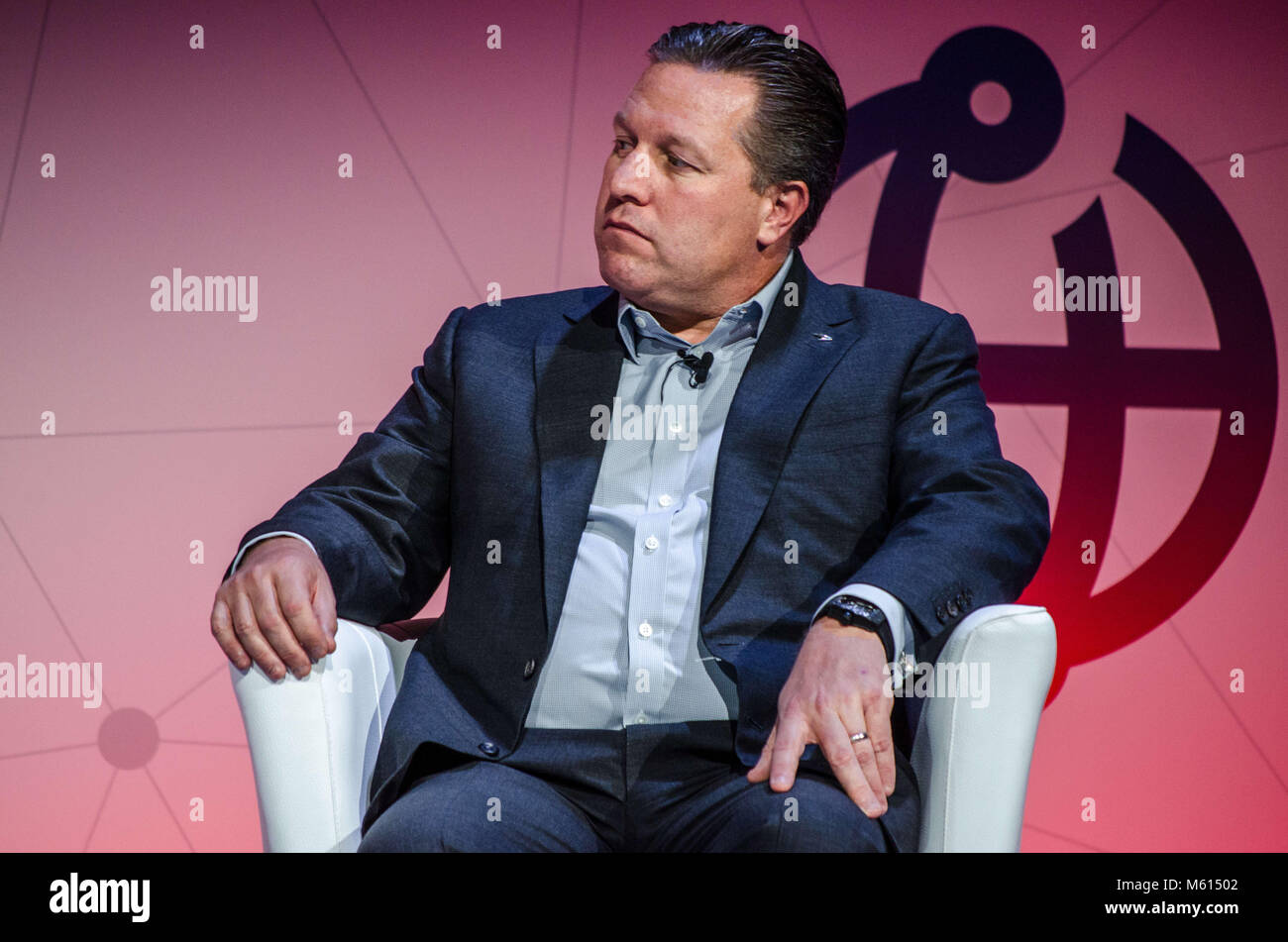 Barcelona, Catalonia, Spain. 27th Feb, 2018. Zak Brown, McLaren Technology Group Executive Director on stage.The Mobile World Congress held in Barcelona, Spain, since 2006 and will be held until the year 2023. It is an annual conference around the world of mobile communication. Congress exhibited technologies such as Virtual reality, augmented reality, artificial intelligence, robotics, Drones, Hardware, Software and Robocar Credit: P Freire 27022018- CBB4826.jpg/SOPA Images/ZUMA Wire/Alamy Live News Stock Photo
