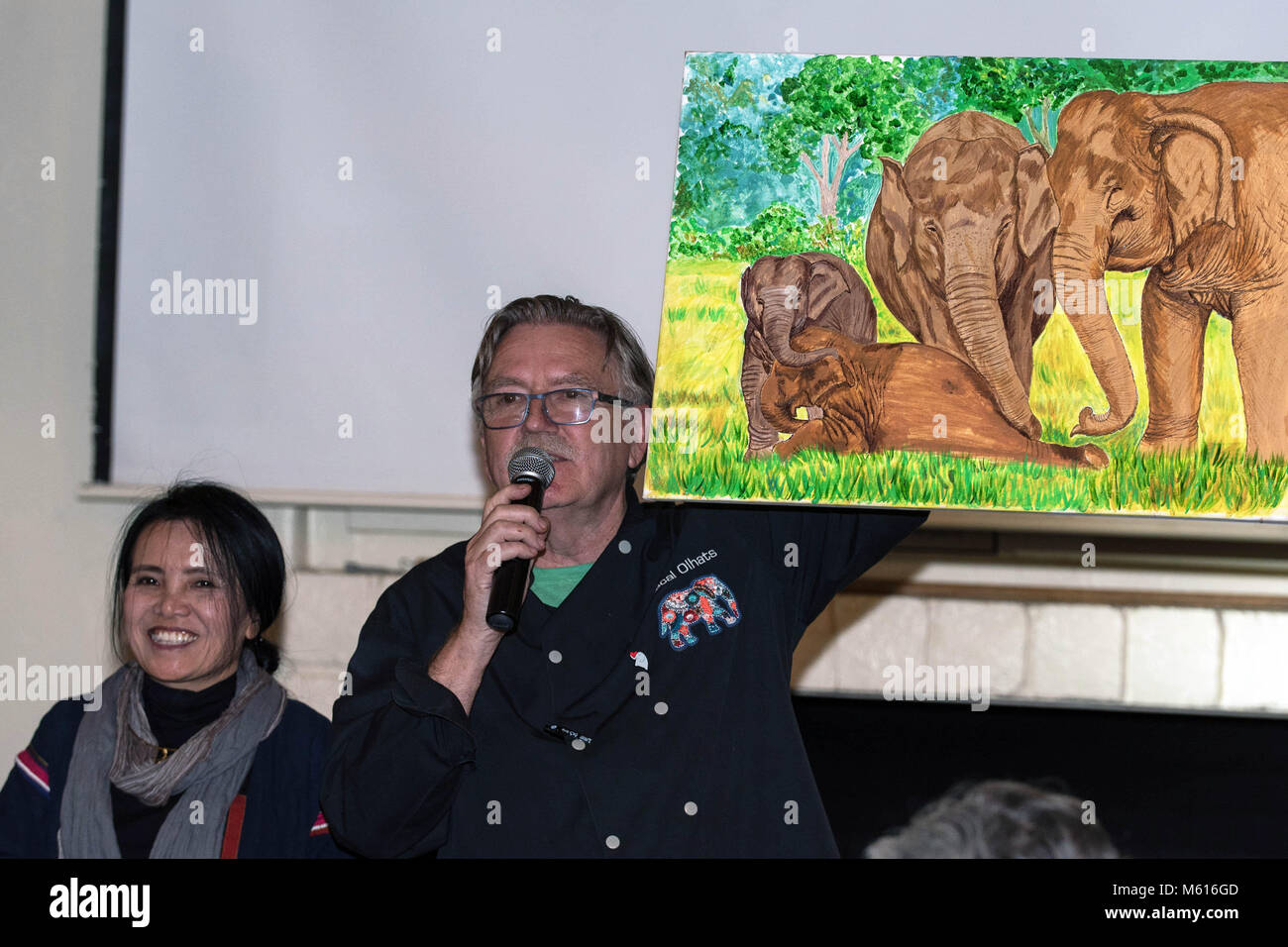 Corona del Mar, California, USA. 25th Feb, 2018. 'The Gray Event' is an evening of food, wine and entertainment to raise funds and shine a light on a little-known issue that is near and dear to Chef Pascal's heart: preventing the abuse of Asian elephants. Pictured: Co-founder of Elephant Nature Park and rescue center of elephants in Northern Thailand, Sangduen 'Lek' Chailert and Chef Pascal on the action for fundraising money to save elephants. Credit: Katrina Kochneva /ZUMA Wire/Alamy Live News Stock Photo