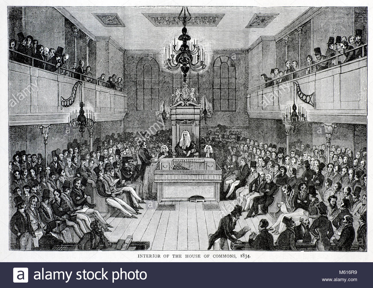 Interior of the House of Commons London 1834, antique engraving from 1875 Stock Photo