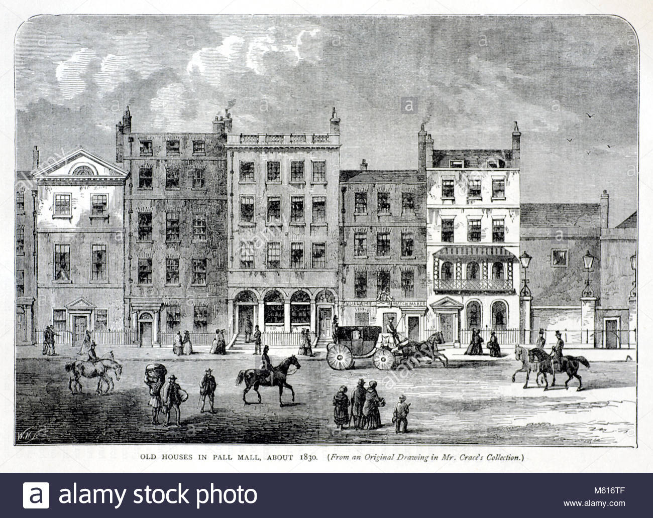 Old Houses in Pall Mall, London about 1830, antique engraving from 1875