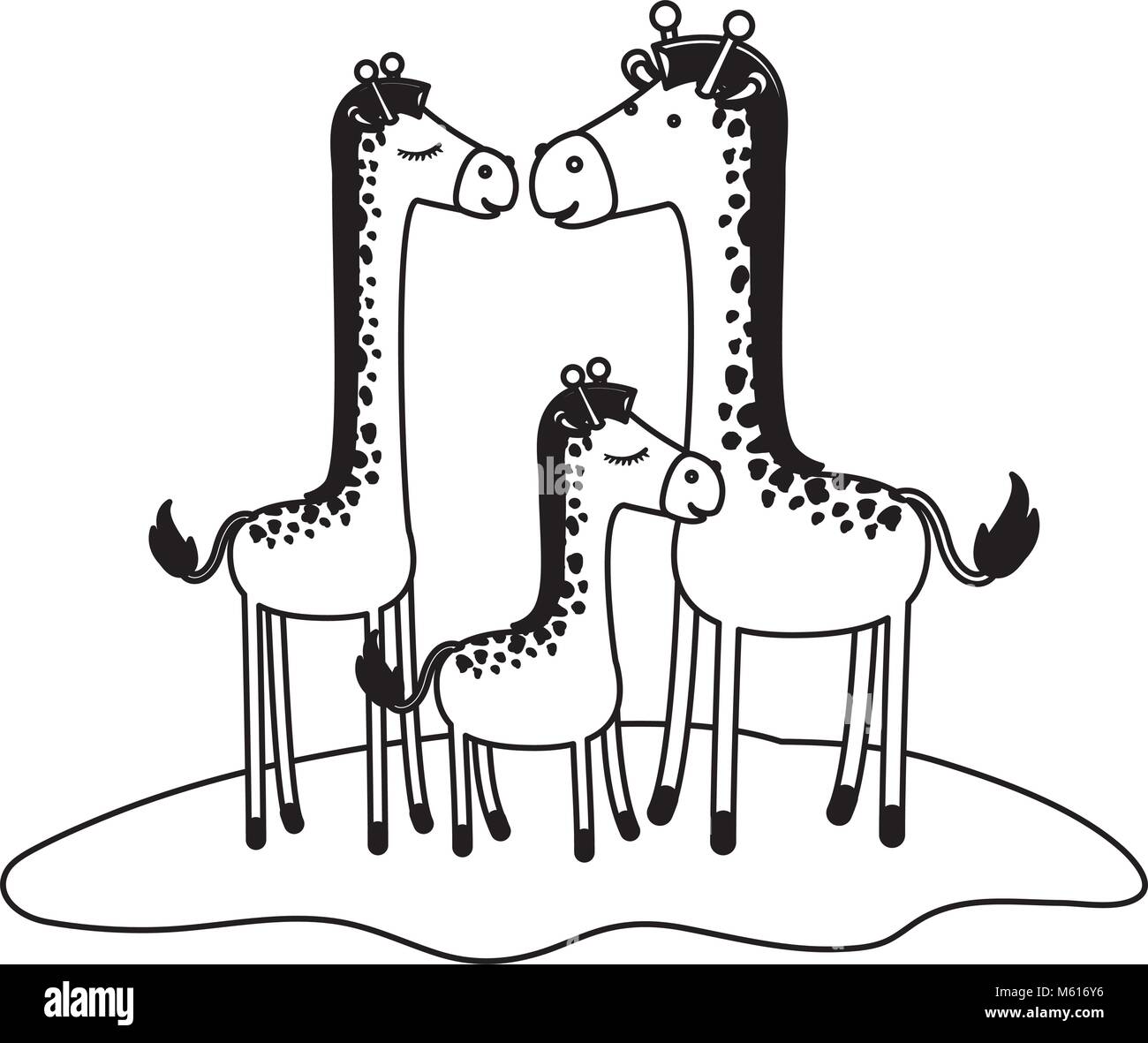 cartoon giraffes couple with calf over grass in black silhouette Stock Vector