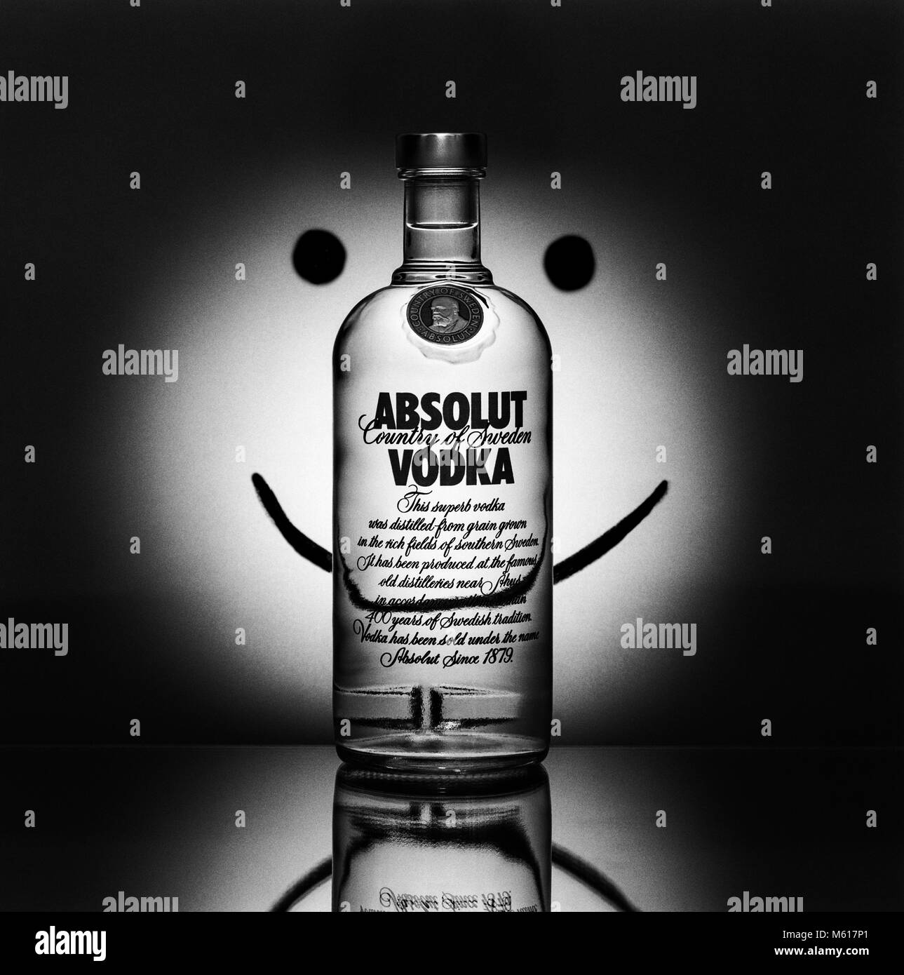 Absolut vodka bottle photographed in the style of the Absolut ads, Absolut smiley, 22 May 1992 Stock Photo