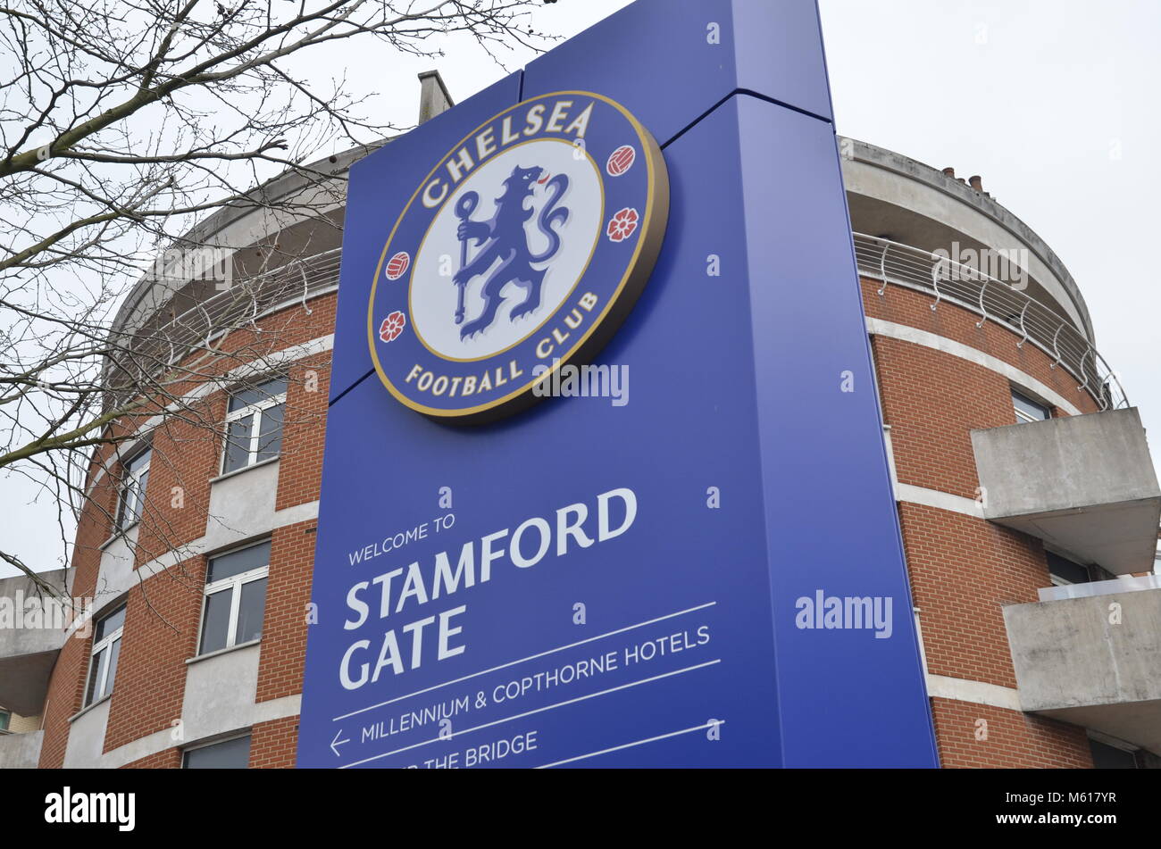 Welcome signage at Stamford Bridge stadium in West London, home of Chelsea Football Club in the English Premier League Stock Photo