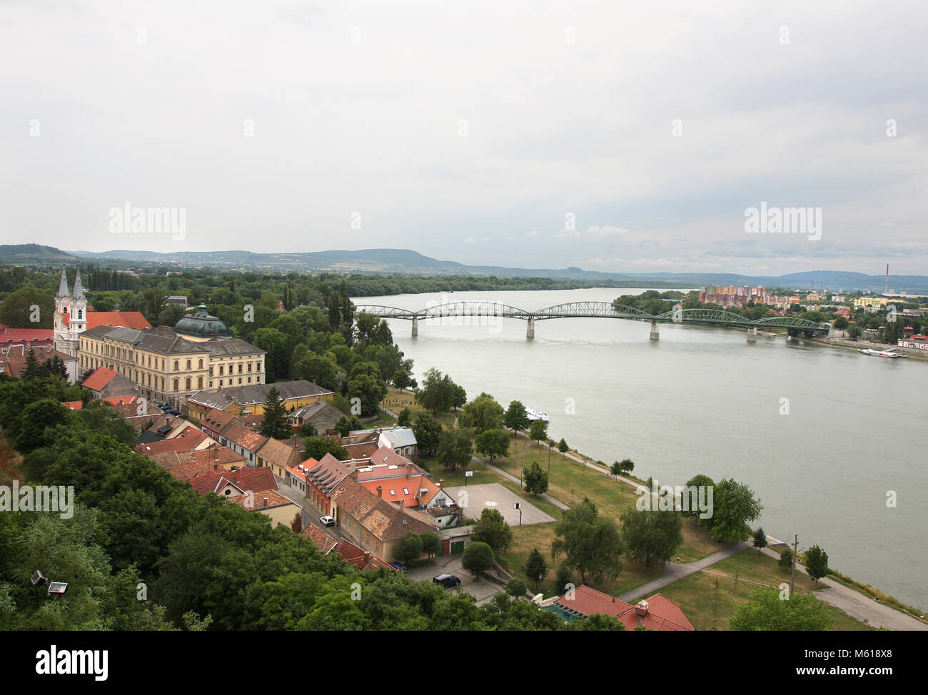 View of the Hungarian historic town Esztergom, the Danube river and the border bridge to the town of Sturovo in Slovakia Stock Photo