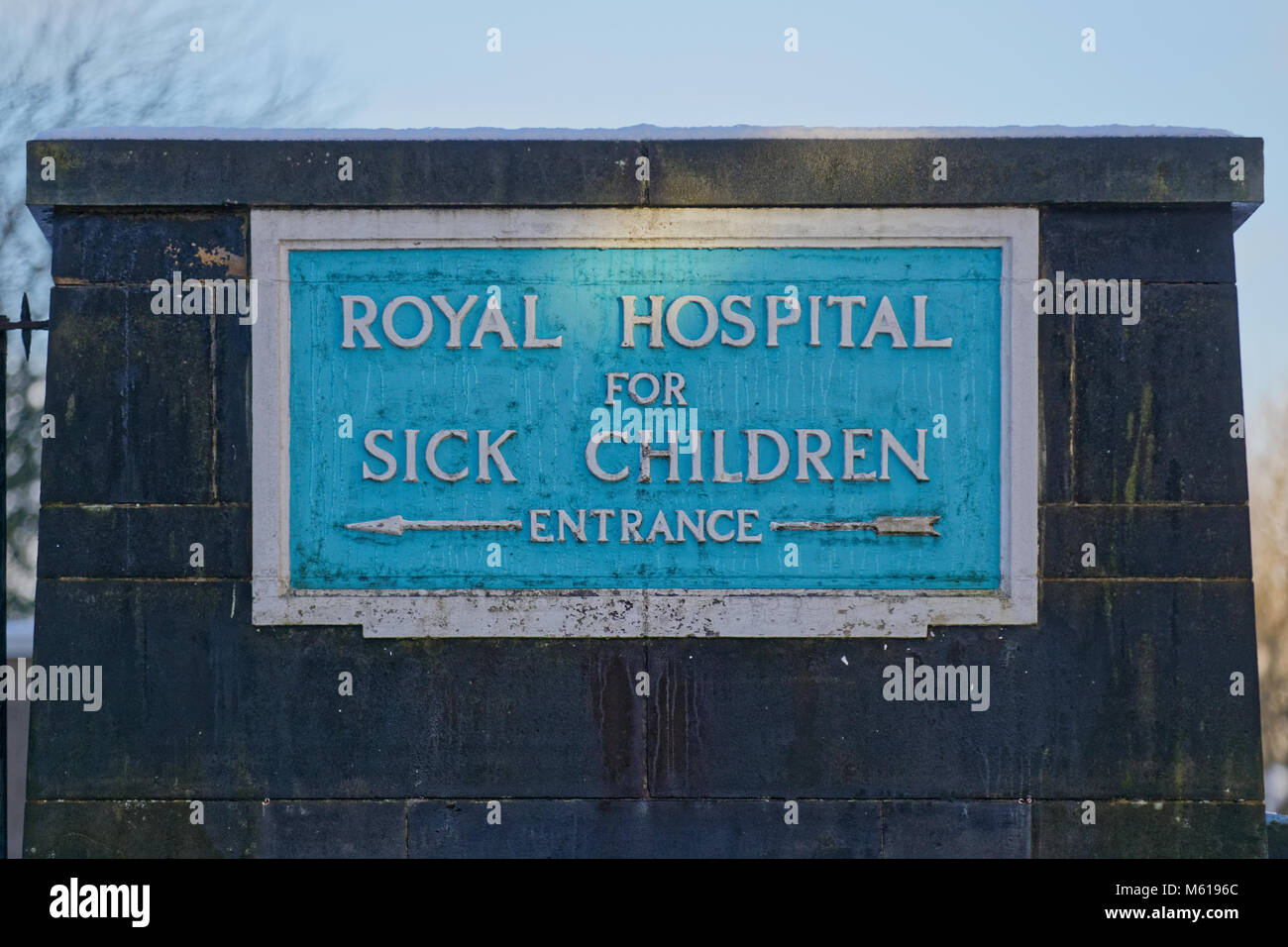 old street sign dalnair street and old Dumbarton  road for The Royal Hospital for Sick Children that was an NHS Scotland hospital in Yorkhill, Glasgow Stock Photo