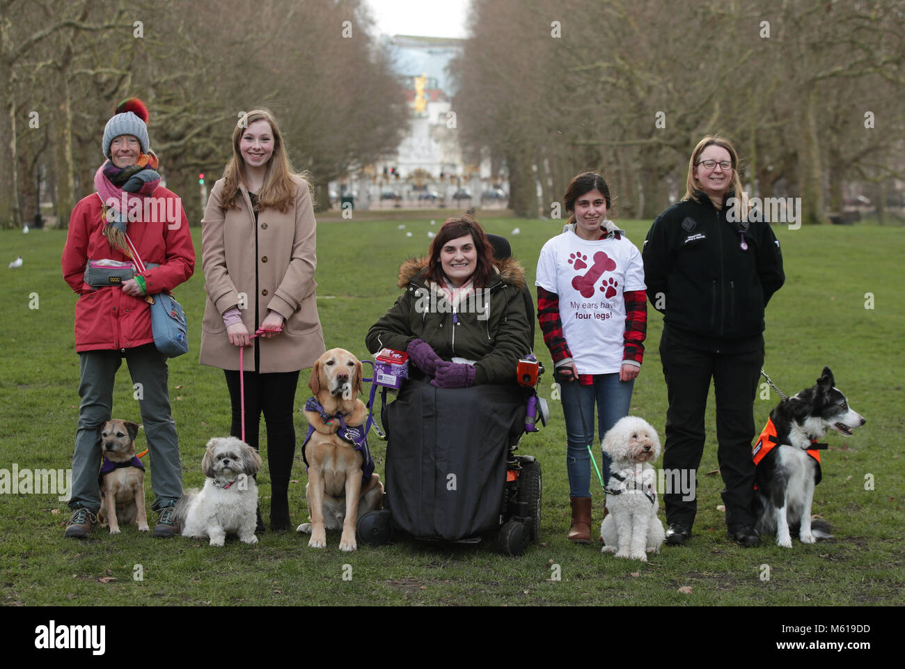 (left to right) Vanessa Holbrow, 47, from Burnham on Sea in Somerset, with her Border Terrier Sir Jack Spratticus; Hannah Gates, 19, from Hazlemere in Buckinghamshire, with her Shih Tzu Buttons; Clare Syvertsen, 29, from Notholt in London, with her Labrador/Golden Retriever cross Griffin; Sarah Mohammadi, 14, from Hayes in west London, with her Cocker Spaniel/Poodle cross Waffle, and Gayle Wilde, 39, from Kilsyth in Lanarkshire, with her Border Collie Taz, during a photocall by The Kennel Club in Green Park, London, to announce the finalists for the Crufts dog hero competition, Friends for Lif Stock Photo