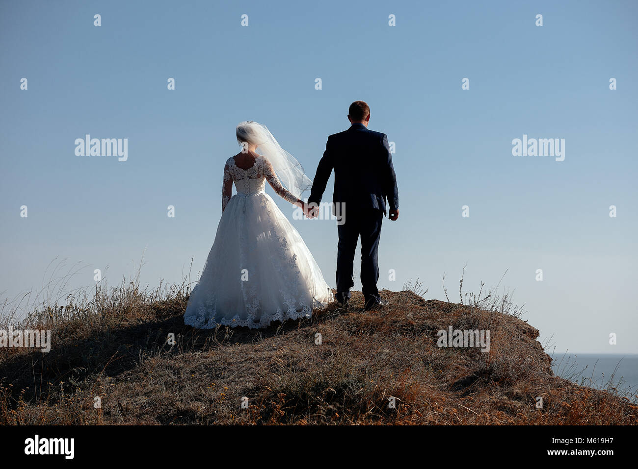 Bride and groom walking and holding hands in nature Stock Photo - Alamy