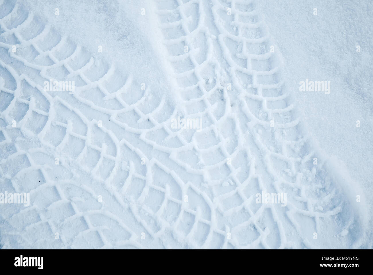 Tire tracks pattern on winter road with snow. Background texture Stock Photo