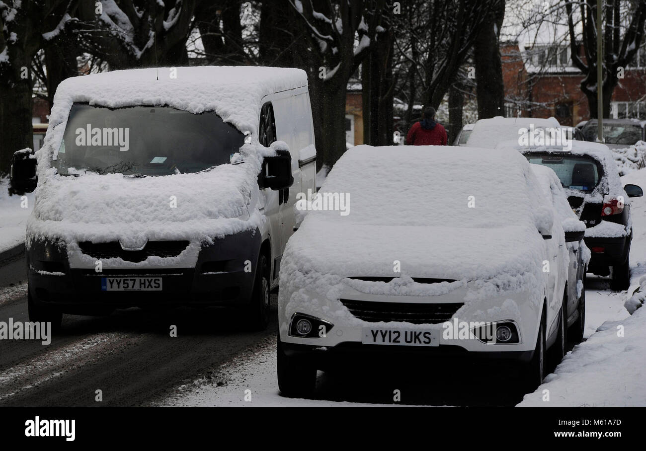 Difficult driving conditions in Scarborough, as heavy snowfall is affecting roads across the UK on Tuesday morning after several centimetres fell in some parts over the night. Stock Photo