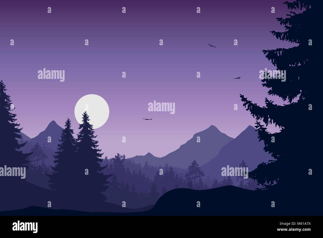 Mountain landscape with forest, under a purple sky with flying birds ...