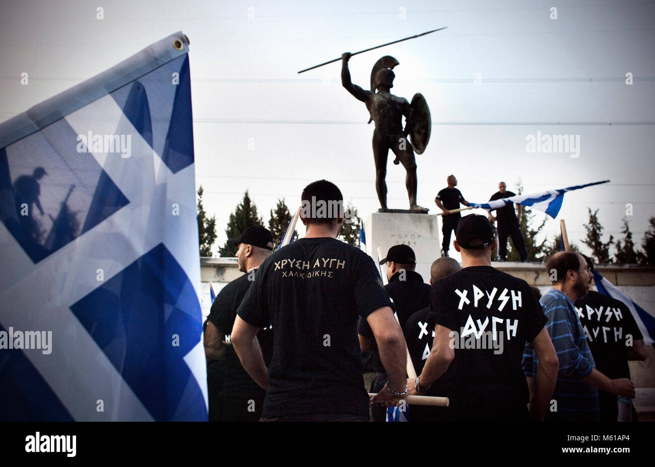 Greece : Golden Dawn -  25/08/2012  -  Greece / Thermopylae  -  The Greek ultran-nationalist party Golden Dawn rallied at Thermopylae, congregating around a statue of King Leonidas of Sparta, whose warriors stood up to the enormous invading army of the Persian King of Kings Xerxes in the year 480 B.C, on Aug. 25, 2012 According to recent polls, Golden Dawn is now the third most popular political part in Greece, drawing its strength from a virulently anti-immigrant platform.   -  Stefania Mizara / Le Pictorium Stock Photo