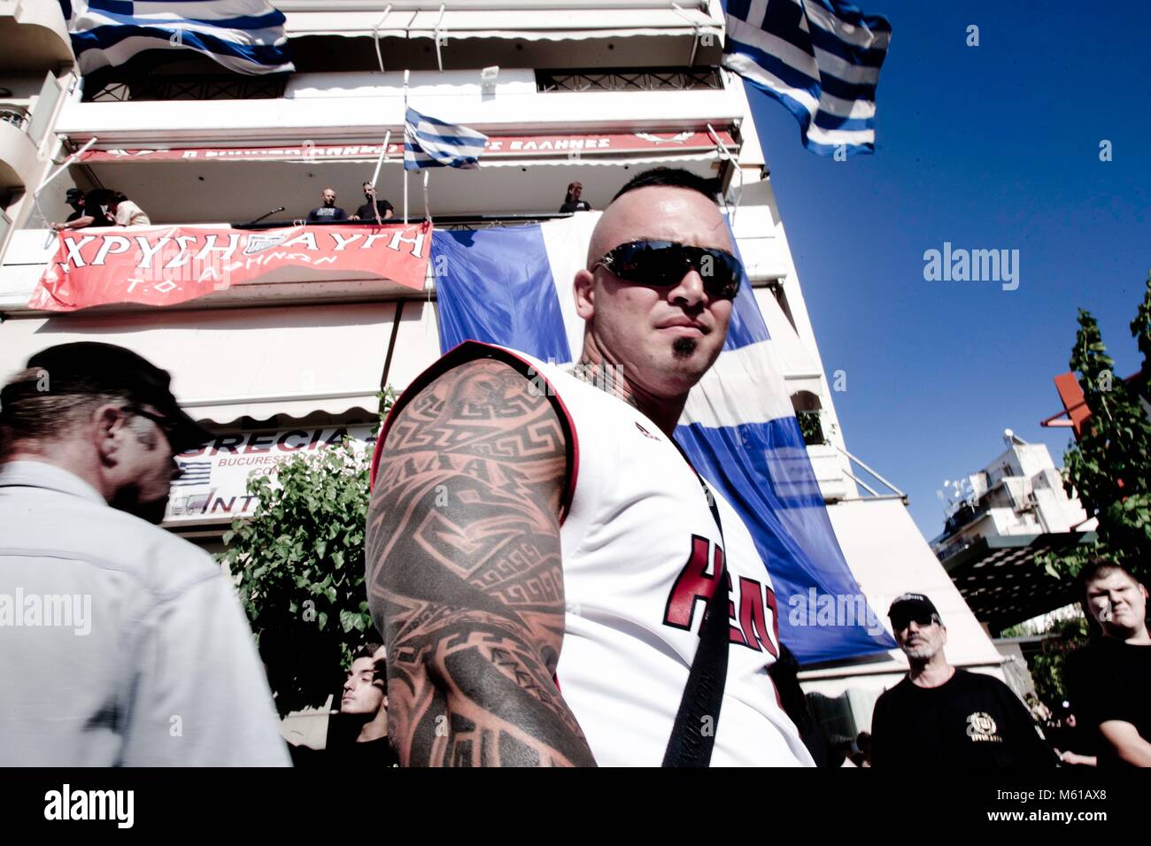 Golden Dawn food distribution -  24/07/2013  -  Greece / Athens  -  Golden Dawn greek militant that cam from Australia to support the food distribution organized by far-right Greek party Golden Dawn and exclusively distributed to greek citizens at the former headquarters of the party in Stathmos Larissis, Athens on July 24, 2013.    -  Stefania Mizara / Le Pictorium Stock Photo