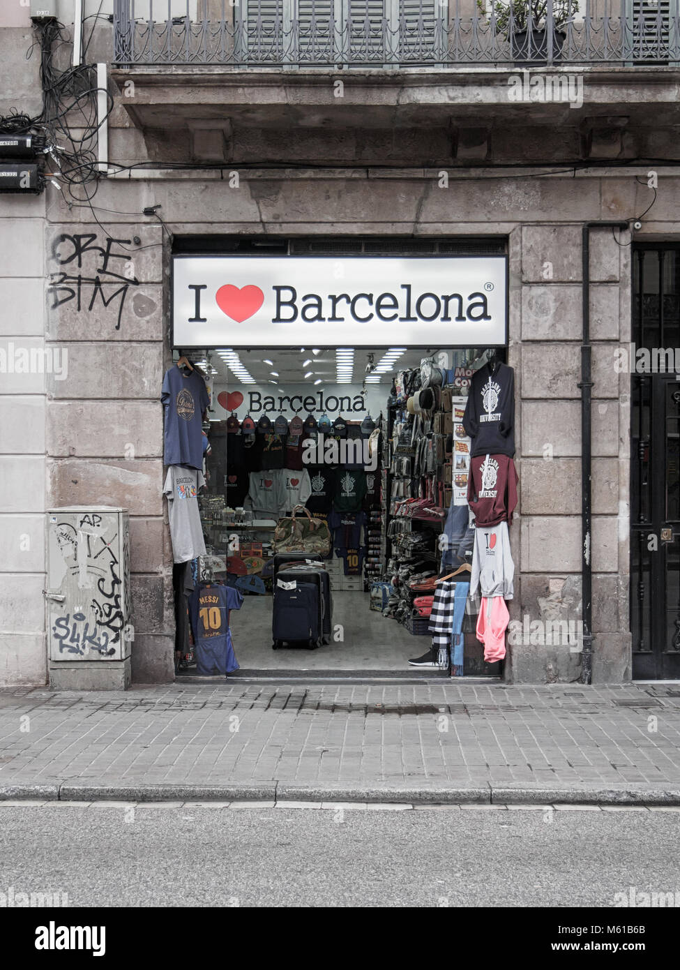 BARCELONA, SPAINFEBRUARY 19, 2018 I love Barcelona souvenir shop at