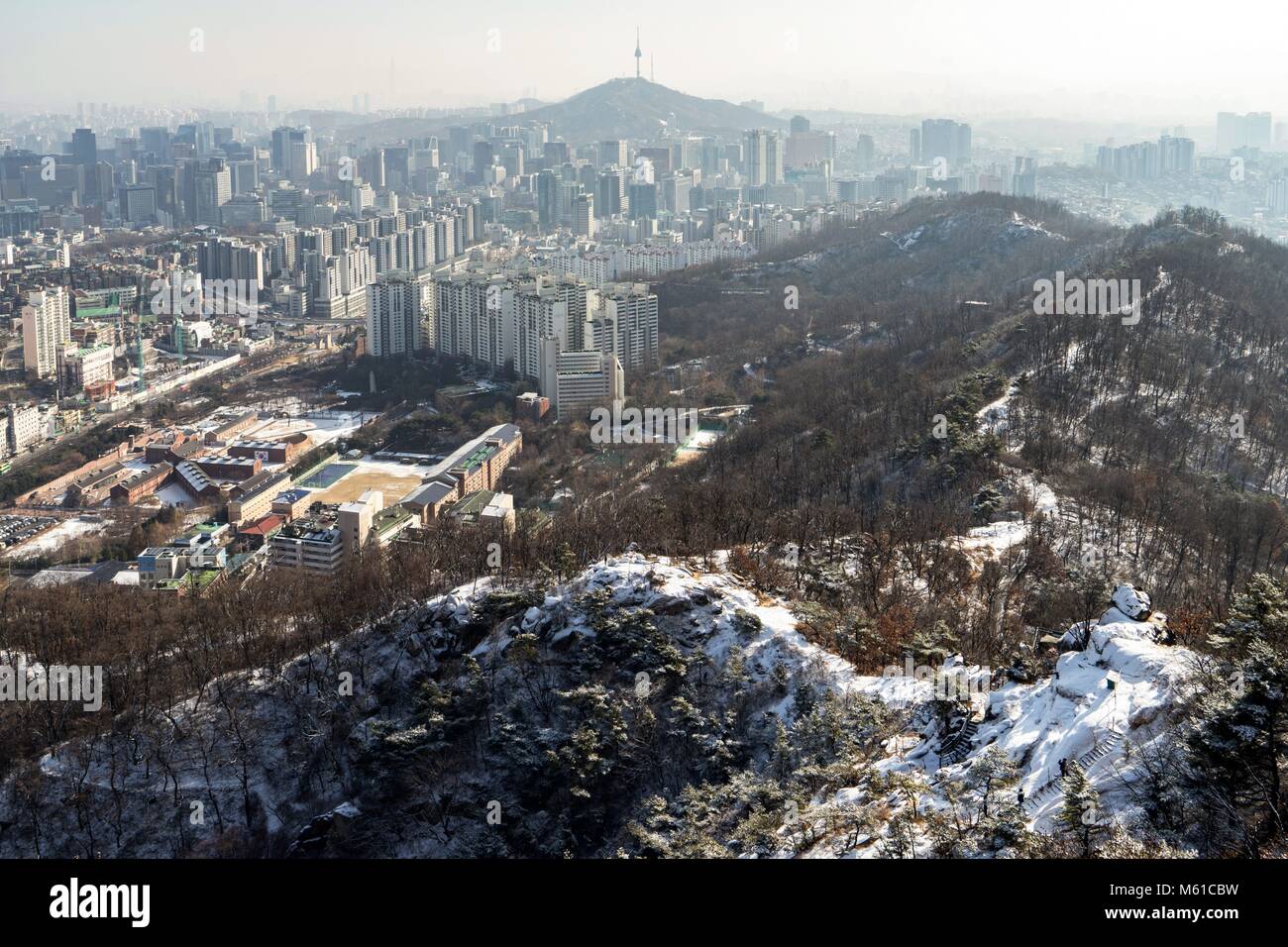 South Korea View from snow covered hill on the inner city of Seoul