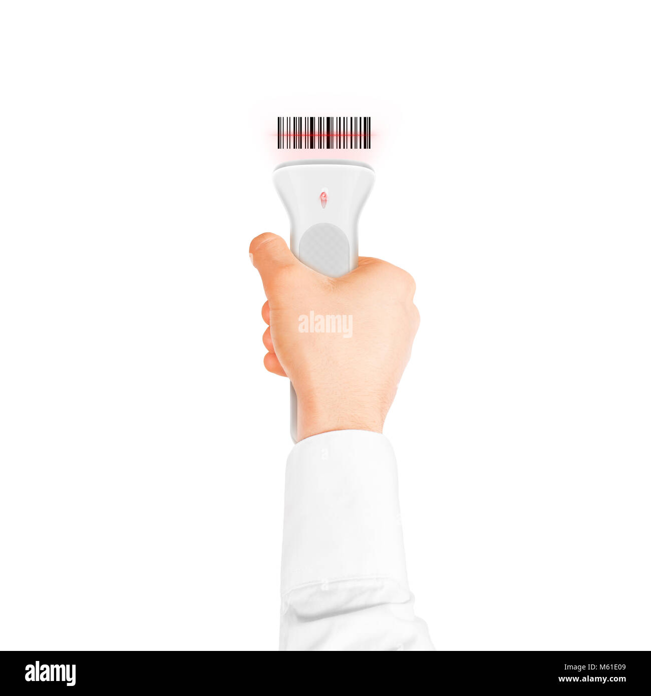 Hand holding qr code scanner isolated. Barcode scan technology equipment. Digitally code scanner