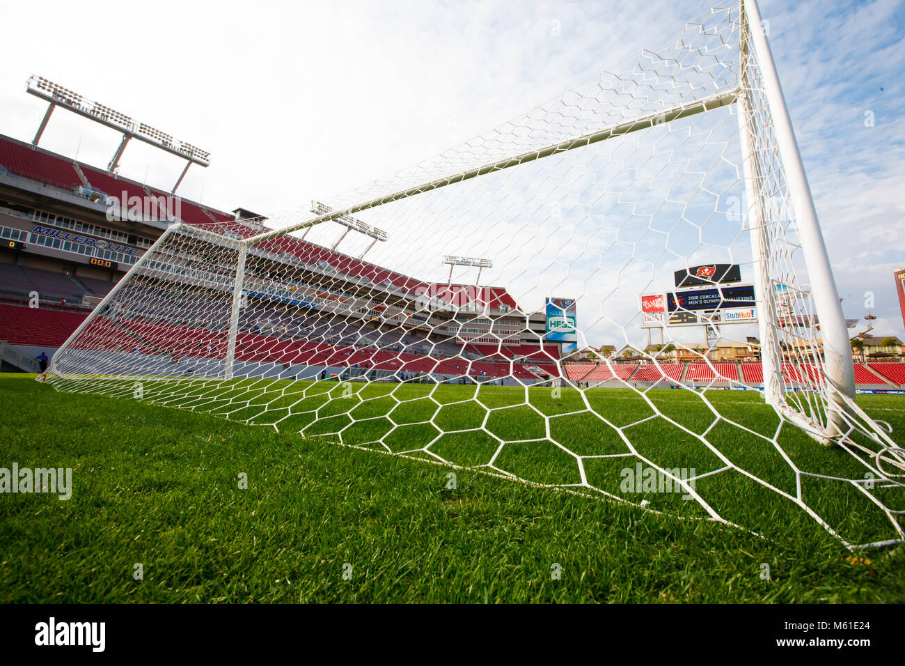 A soccer goal at Raymond James Stadium in Tampa, Florida. Stock Photo