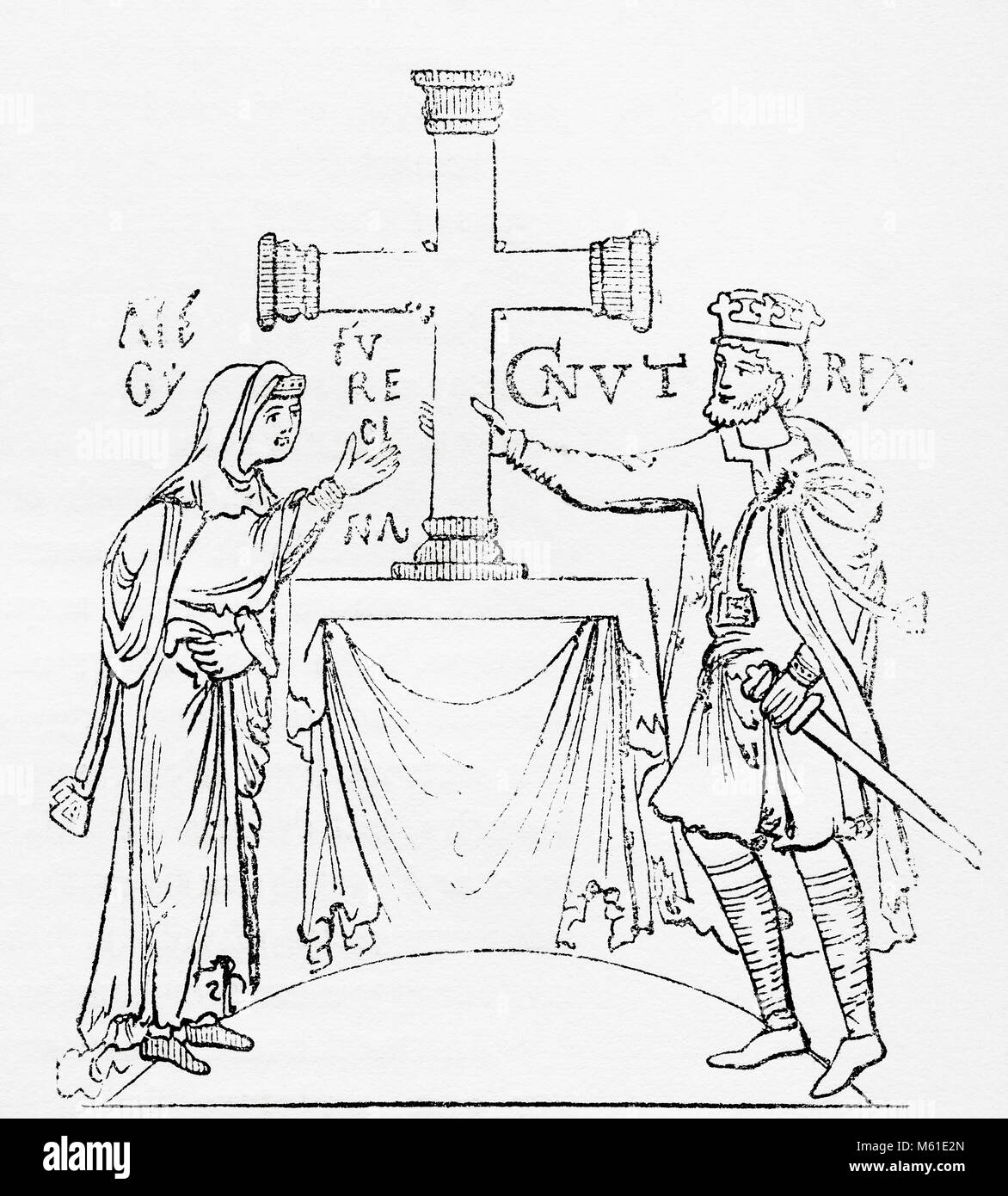 Cnut the Great and his queen Ælfgifu of Northampton.  Cnut the Great, c. 995 - 1035, aka Canute.  King of Denmark, England and Norway.  Ælfgifu of Northampton,c. 990 – after 1036.  First wife of King Cnut of England and Denmark, mother of King Harold I of England and Queen regent of Norway from 1030 to 1035.  From Old England: A Pictorial Museum, published 1847. Stock Photo