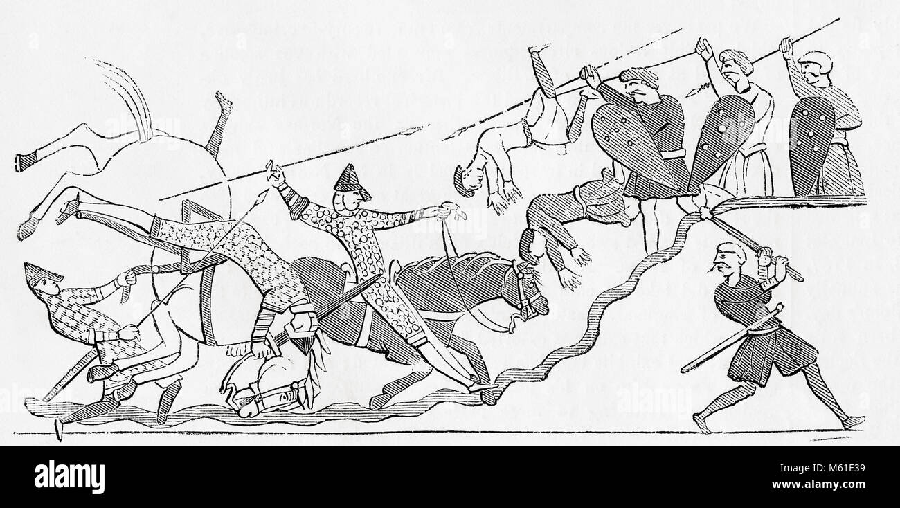 After a fragment of the Bayeux Tapestry showing the Battle of Hastings, 1066.  From Old England: A Pictorial Museum, published 1847. Stock Photo