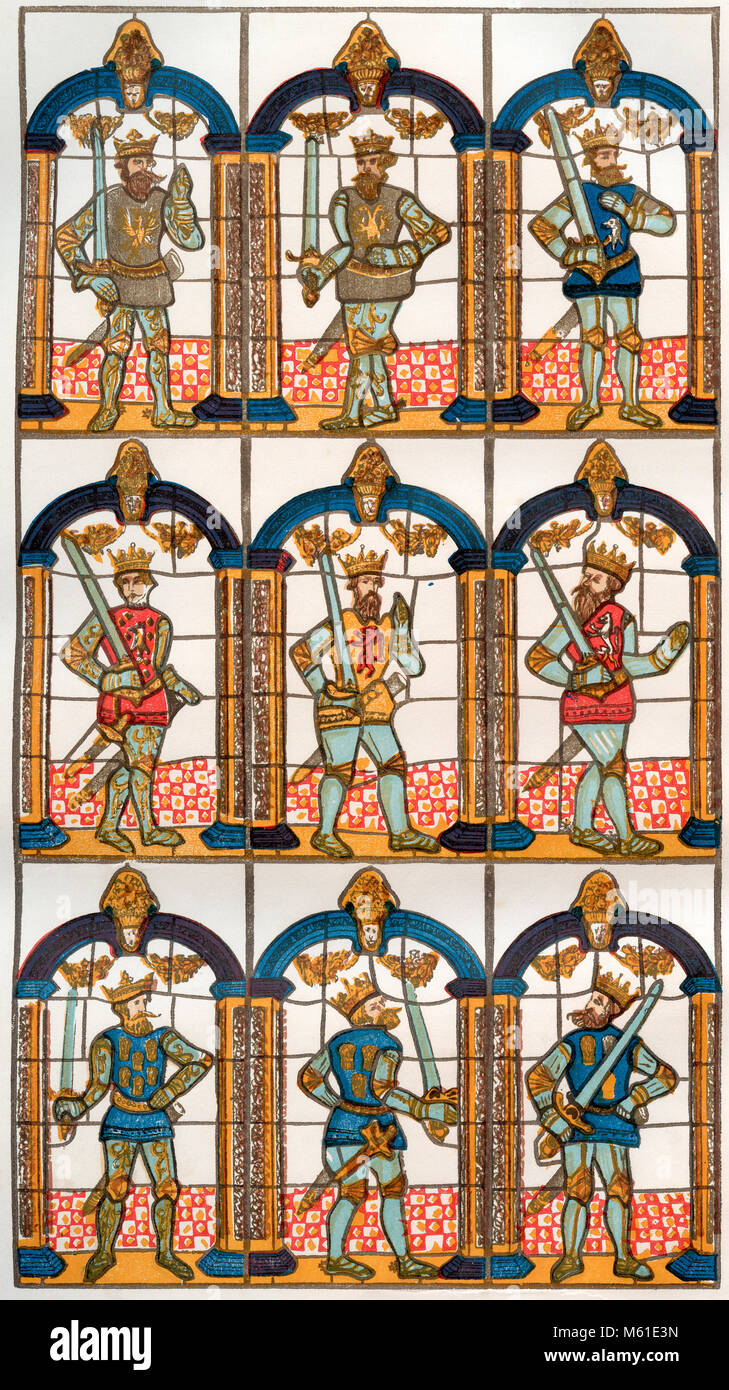 A painted or stained glass window depicting two Saxon earls of Merica and seven Norman earls of Chester.  From Old England: A Pictorial Museum, published 1847. Stock Photo