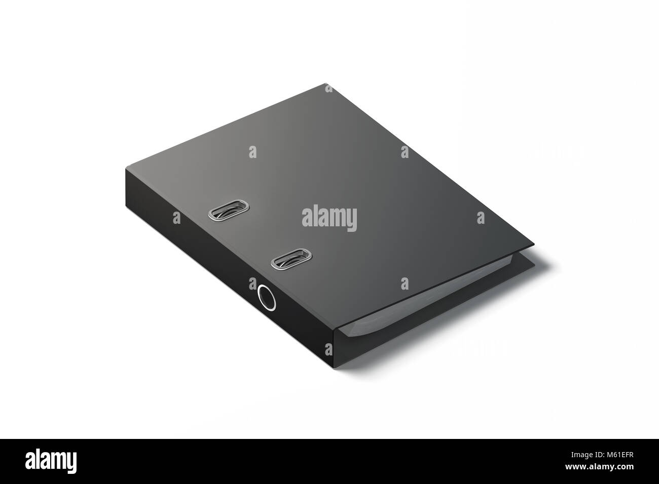 Blank black ring binder design mockup, 3d rendering. Empty closed self-binder mock up with stack of a4 paper. Office supply cardboard folder branding  Stock Photo