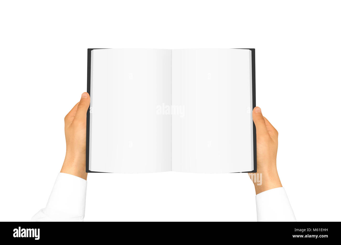 Hand in white shirt sleeve holding blank book in the hand. Black cover brochure presentation. Pamphlet hand man. Man show pages. Sheet template. Bookl Stock Photo