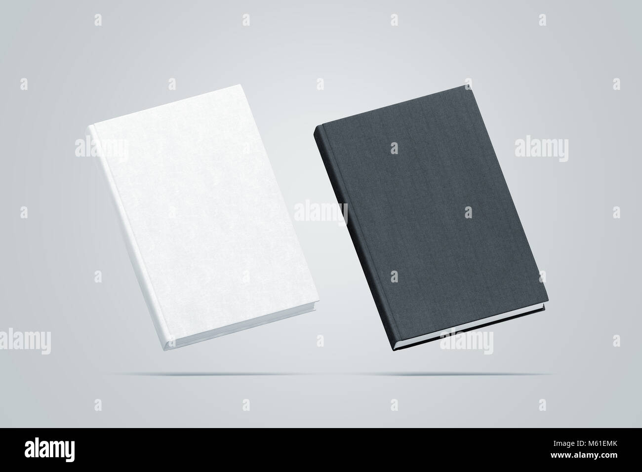 Blank black and white hardcover books mock up set, no gravity view, 3d rendering. Empty notebook cover mockups, isolated. Bookstore branding template. Stock Photo