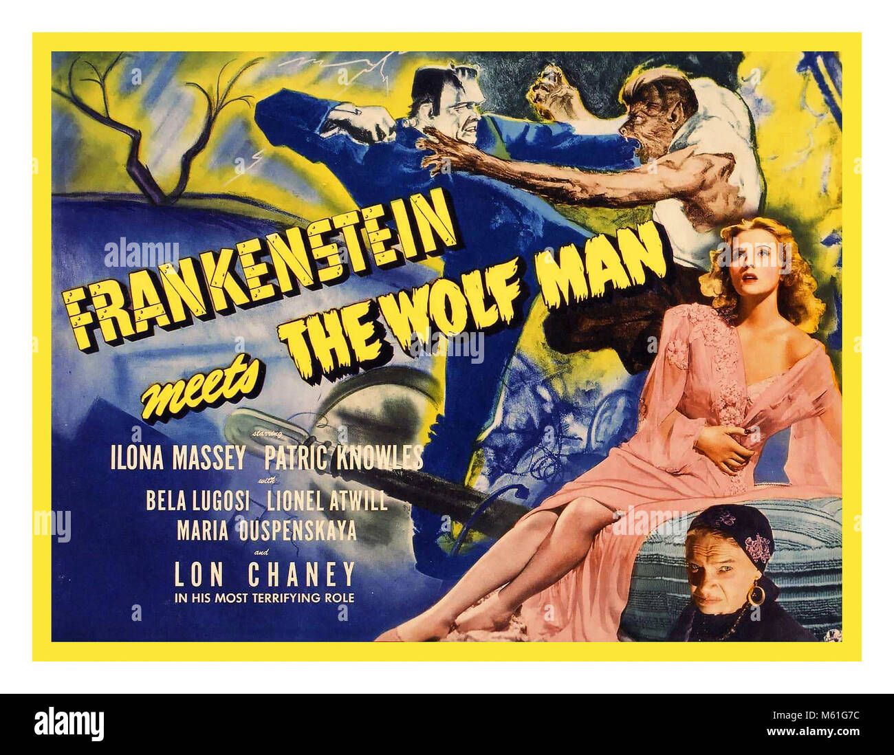 1940’s Vintage ‘Frankenstein Meets the Wolf Man’ Retro Film Vintage Film Poster directed by Roy William Neill in 1943. Stock Photo